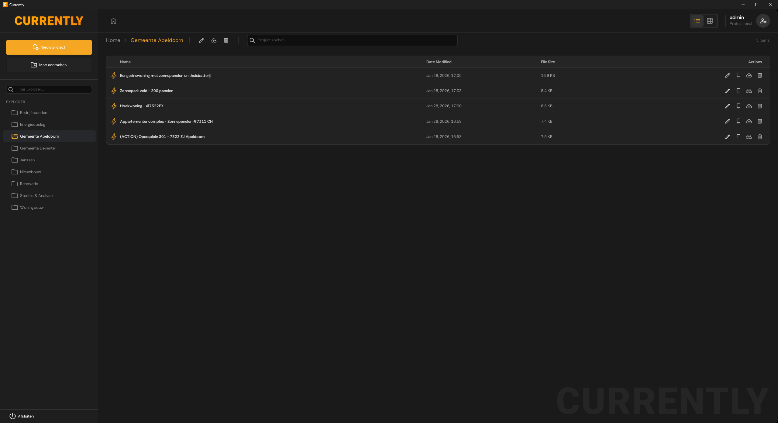 Component configuration — project and file management panel